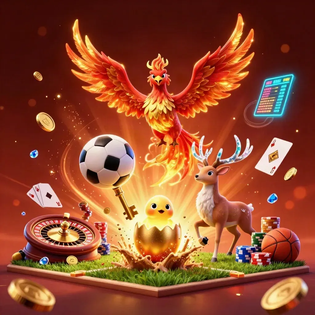 Vuurphoenix, jong en kristallen hert rond een zwevende voetbal met gouden casino-effecten.