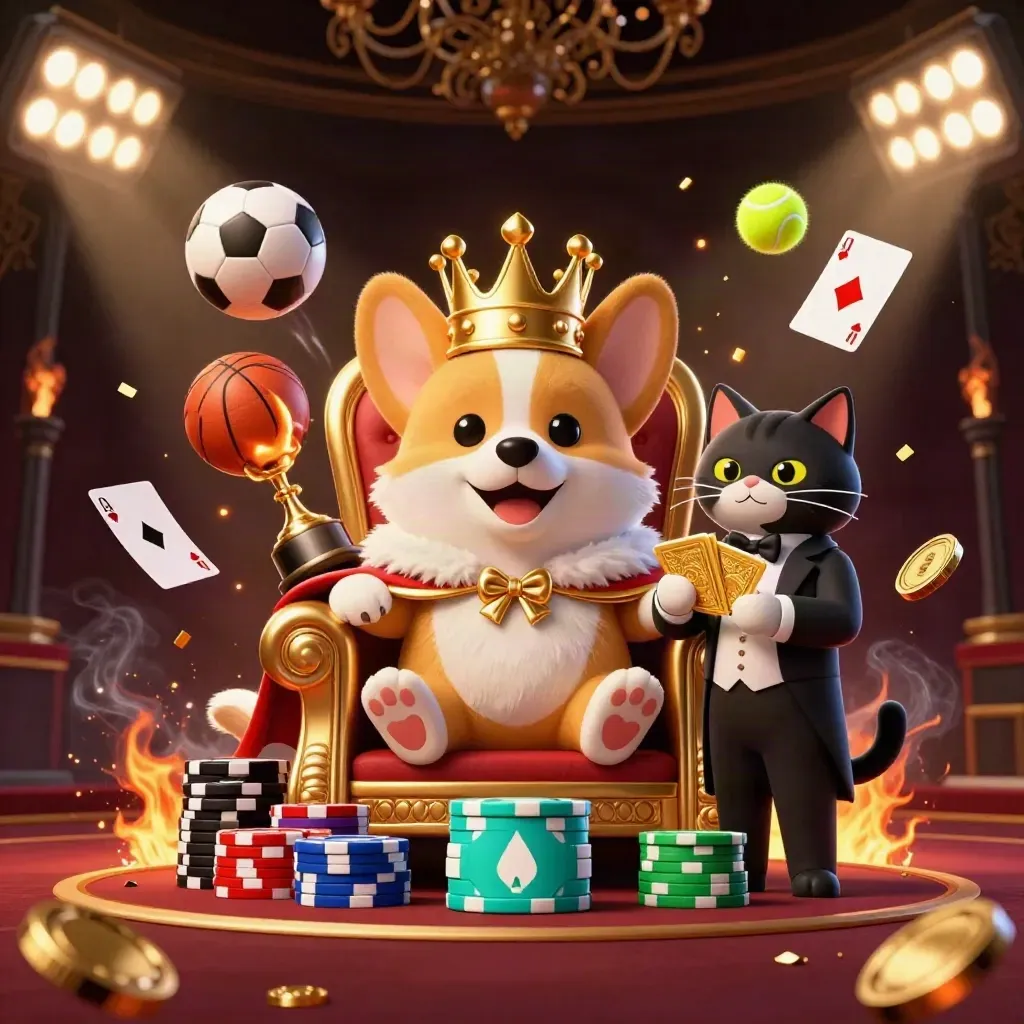 Koninklijke corgi en kat-butler tussen sportballen, goud en casino-licht