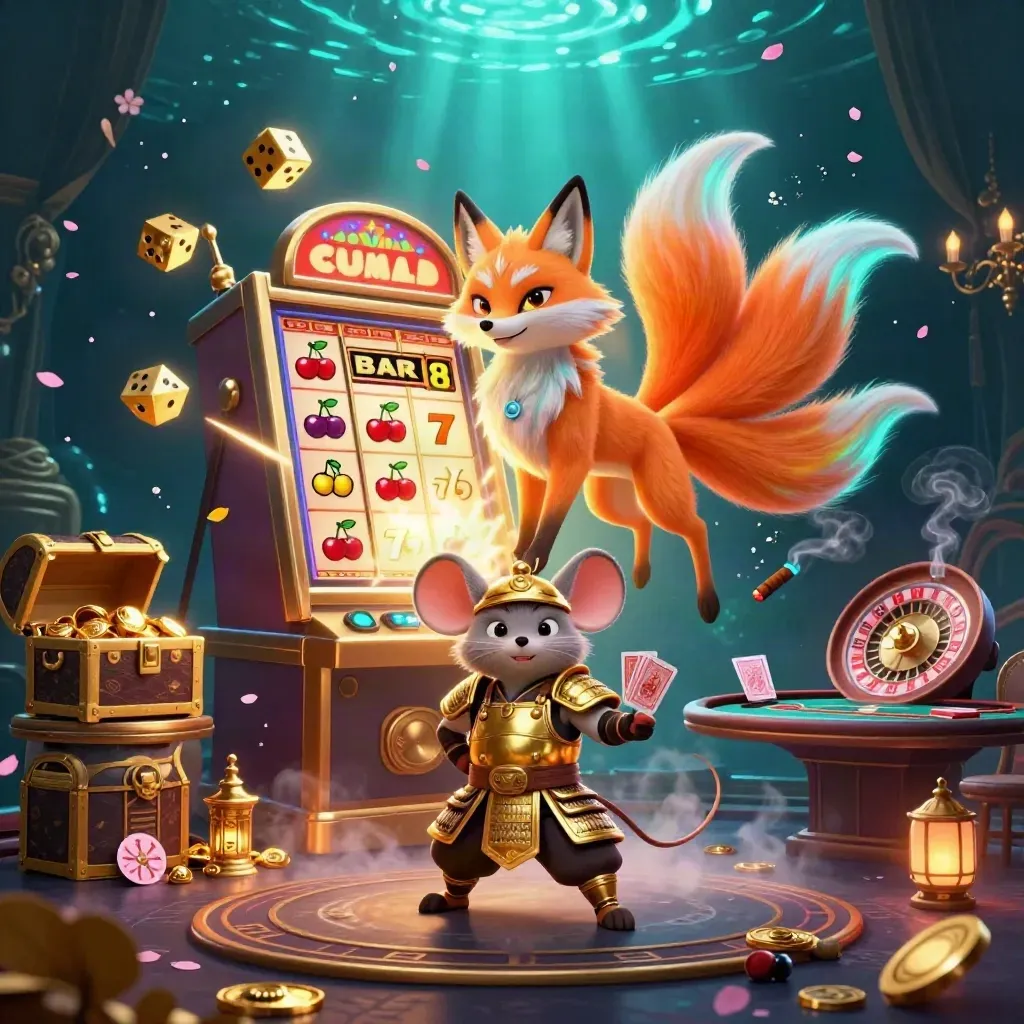 Neonvos en samuraimuis met slotmachine, goud en casino-luxe in cyaan en goud.