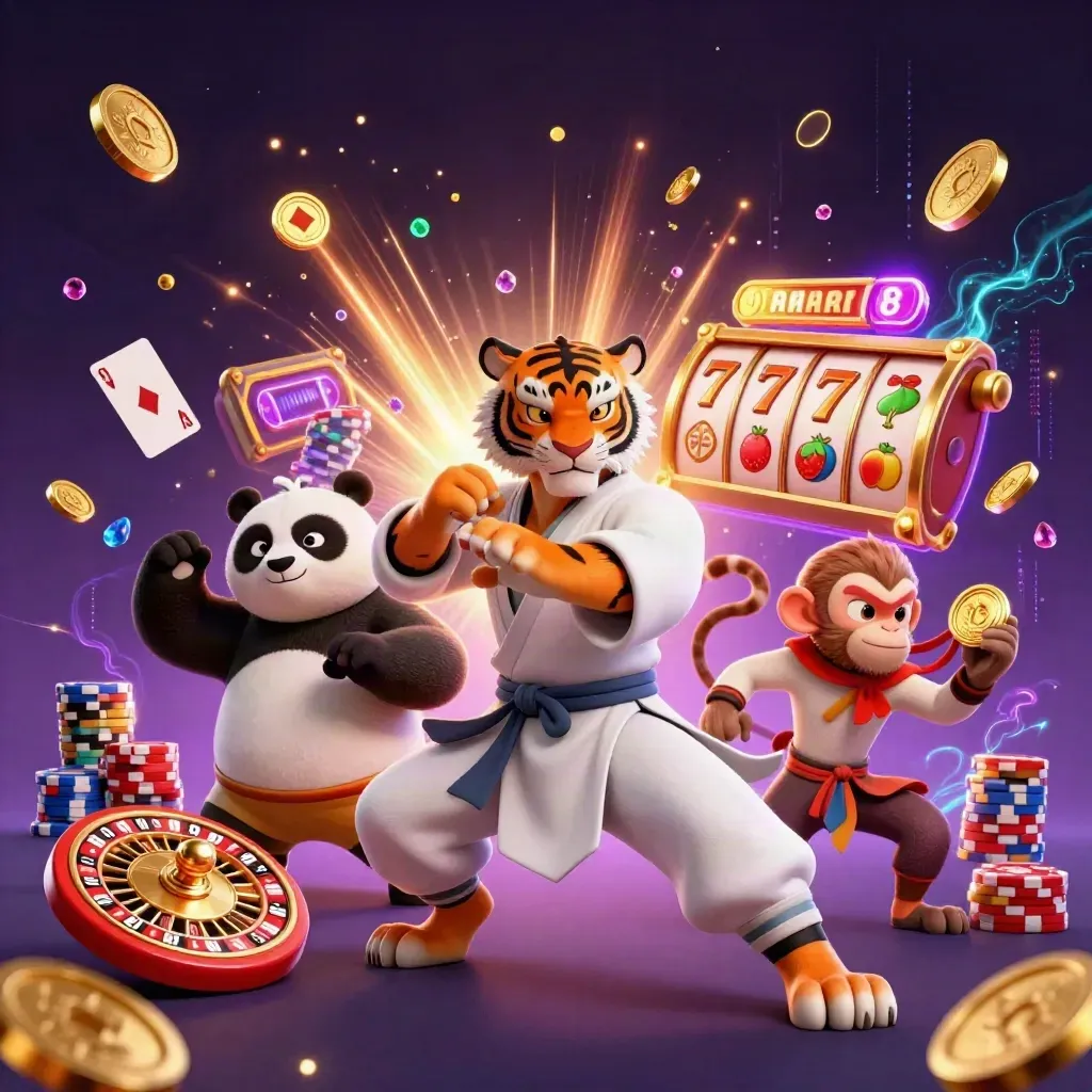 Kungfu-tijger, panda en aap met neon goud, munten en edelstenen in casino-chaos.