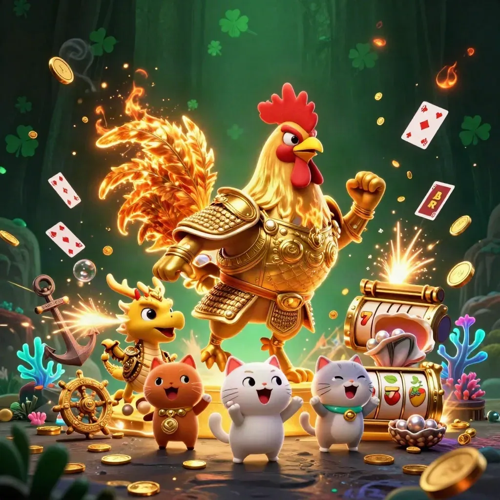 Rooster, draak en lucky cat in een goudexplosie met munten, slotsymbolen en koraal.