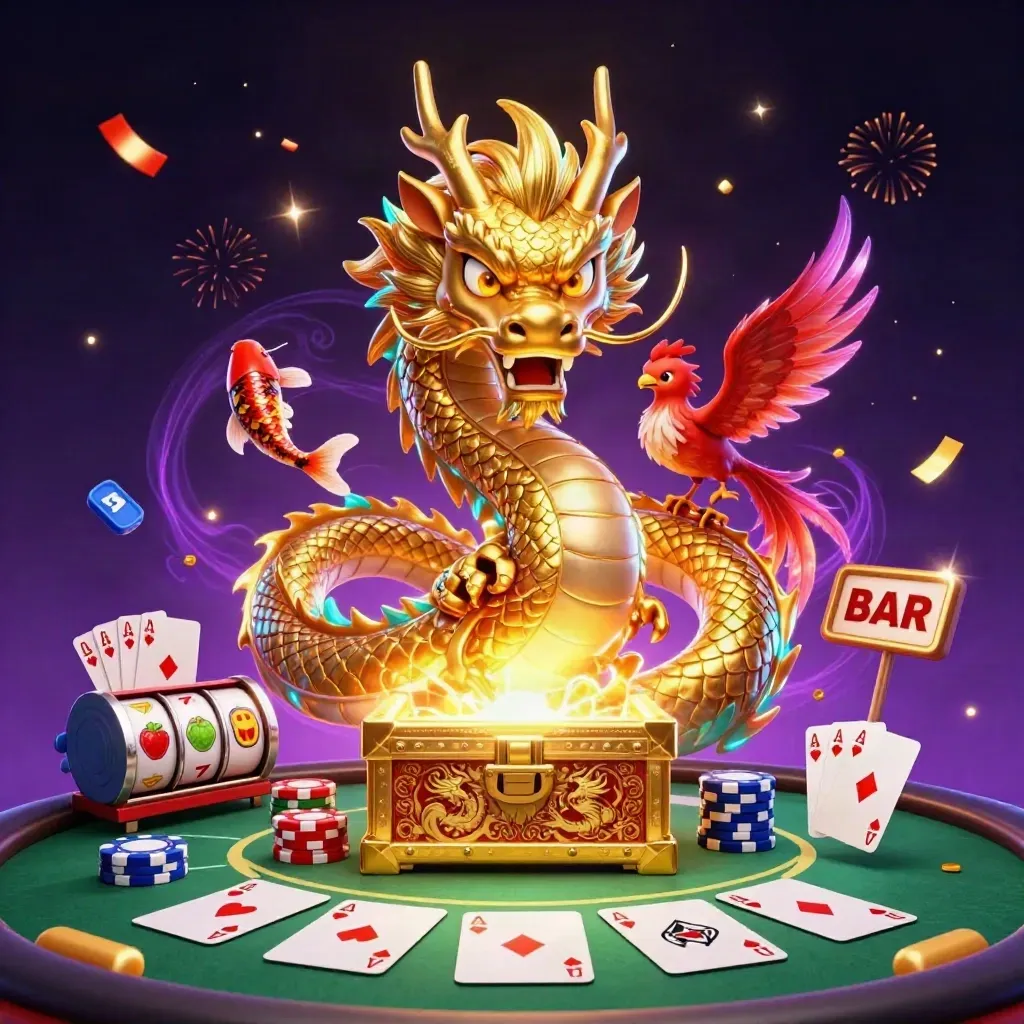 Gouden draak met rode feniks, koi en pokerchips in neon casino-stijl