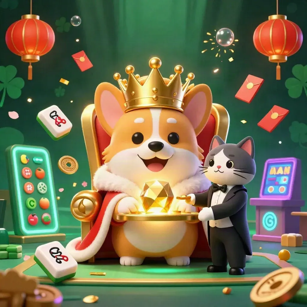 Koninklijke corgi op pokerchiptroon met kattbutler, goud, jade, lampions en slotgloed